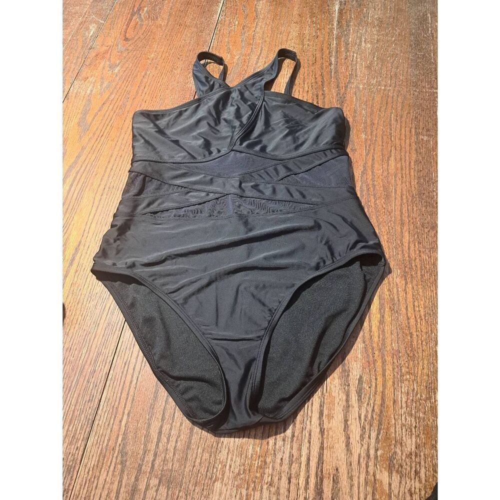 Size 12 Bleu Rod Beattie Black Mesh Criss Cross Front Swimsuit Bathing Suit